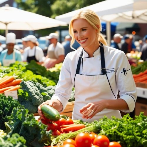 A solo female blond personal chef shopping at a farmers market for fresh vegetables