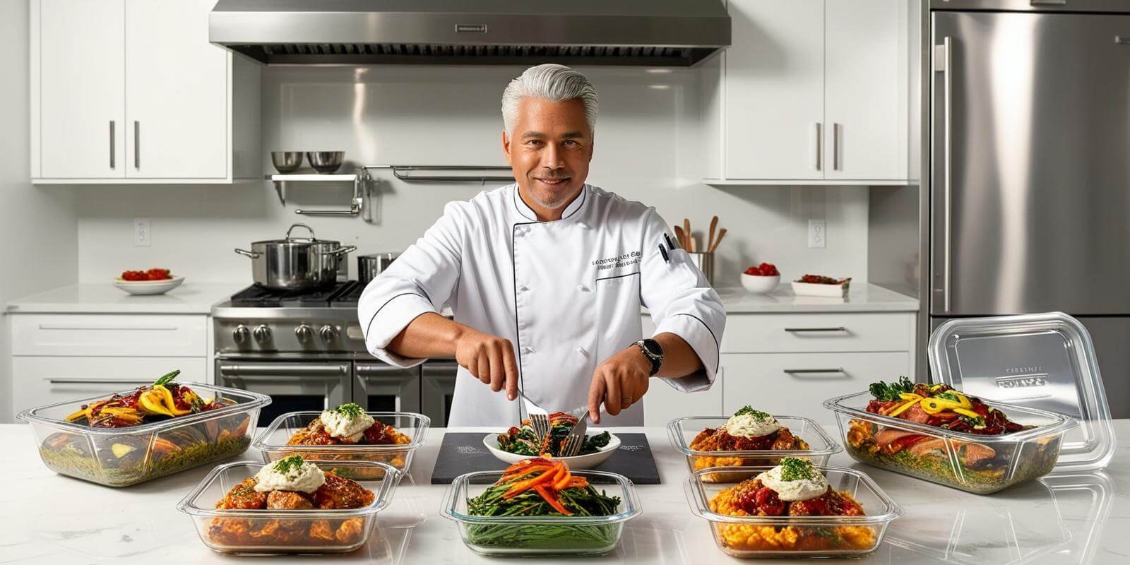 A solo silver haired male personal chef preparing several meals simultaneously in a modern kitchen packing them into pyrex containers (1)