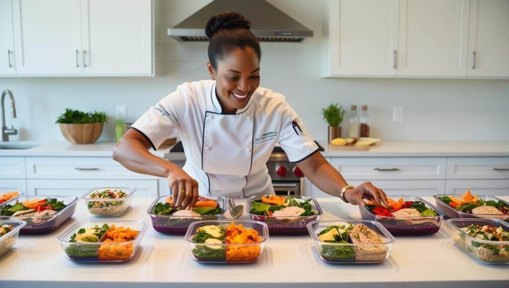 personal chef preparing meals for a young couple new parents, packing for baby food in the counter (1)