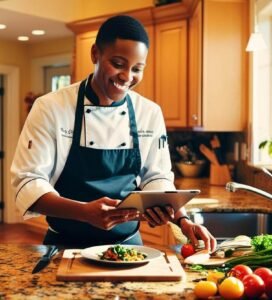 A skilled personal chef in a sleek modern kitchen, stirring a simmering pot on the stove as she prepares healthy, portioned meals.