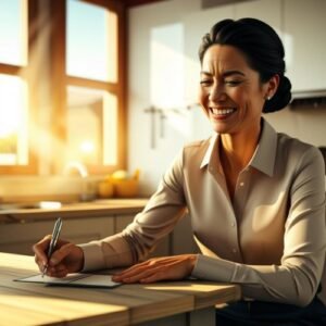 a relieved office worker sitting at her kitchen table signing a check with a smile