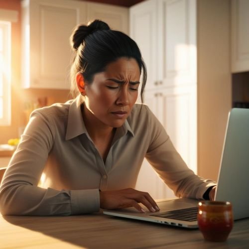 a tired office worker sitting at her kitchen table staring at a laptop