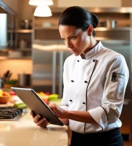 Her reflective pans capture snippets of her work as she prepares ingredients for balanced, healthy meals.
