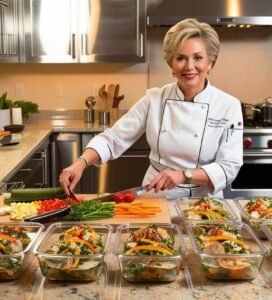 A skilled personal chef in a sleek modern kitchen, stirring a simmering pot on the stove as she prepares healthy, portioned meals.