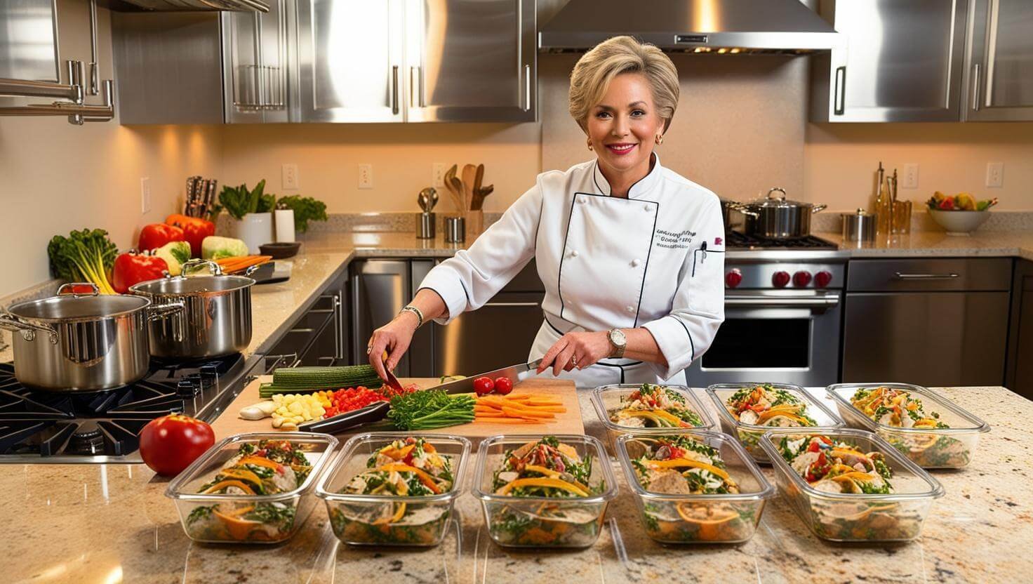 A skilled personal chef in a sleek modern kitchen, stirring a simmering pot on the stove as she prepares healthy, portioned meals.