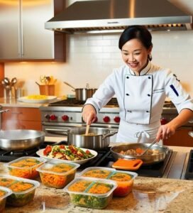 A skilled personal chef in a sleek modern kitchen, stirring a simmering pot on the stove as she prepares healthy, portioned meals.