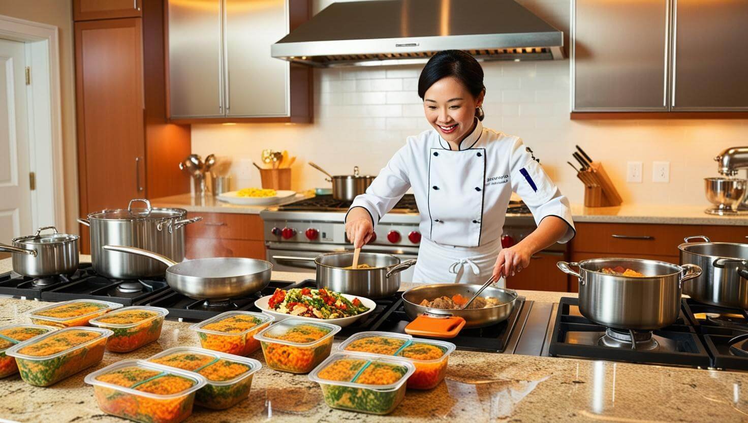 A skilled personal chef in a sleek modern kitchen, stirring a simmering pot on the stove as she prepares healthy, portioned meals.