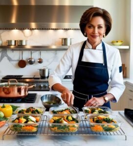 A skilled personal chef in a sleek modern kitchen, stirring a simmering pot on the stove as she prepares healthy, portioned meals.