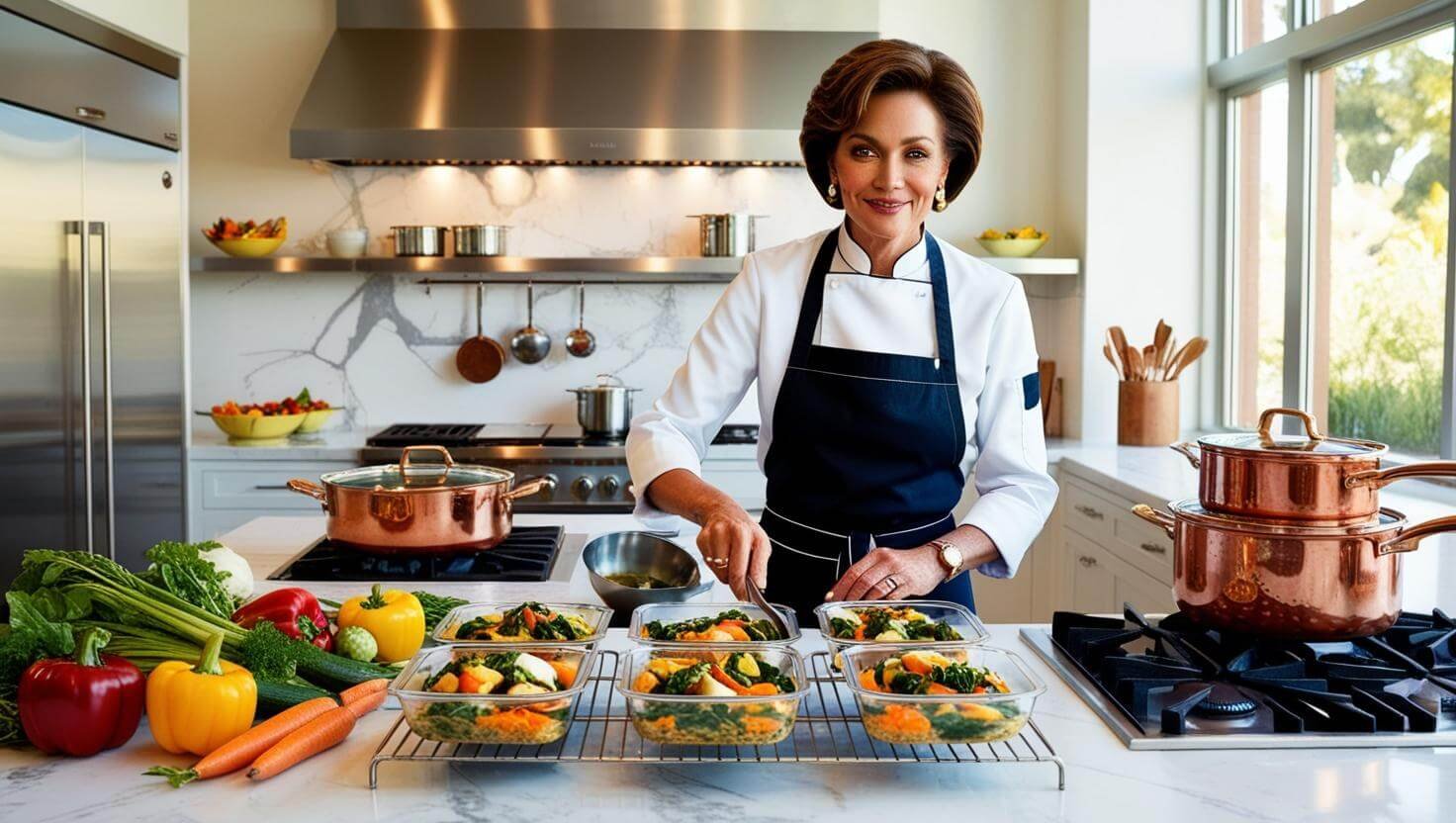 A skilled personal chef in a sleek modern kitchen, stirring a simmering pot on the stove as she prepares healthy, portioned meals.