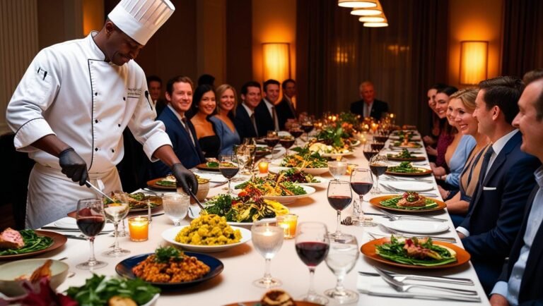 personal chef preparing meals for a dinner party of 16, semi formal, guests seated