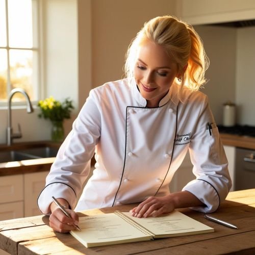 s-A solo female blond personal chef sitting at a kitchen table reviewing menus with a notepad and pen