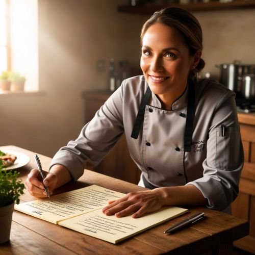 s-A solo female personal chef sitting at a kitchen table reviewing menus with a notepad and pen