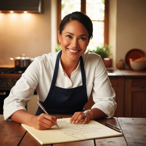 s-A solo female personal chef sitting at a kitchen table reviewing menus with a notepad and pen (1)