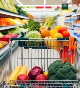 shopping at a food grocery, view from inside the shopping cart