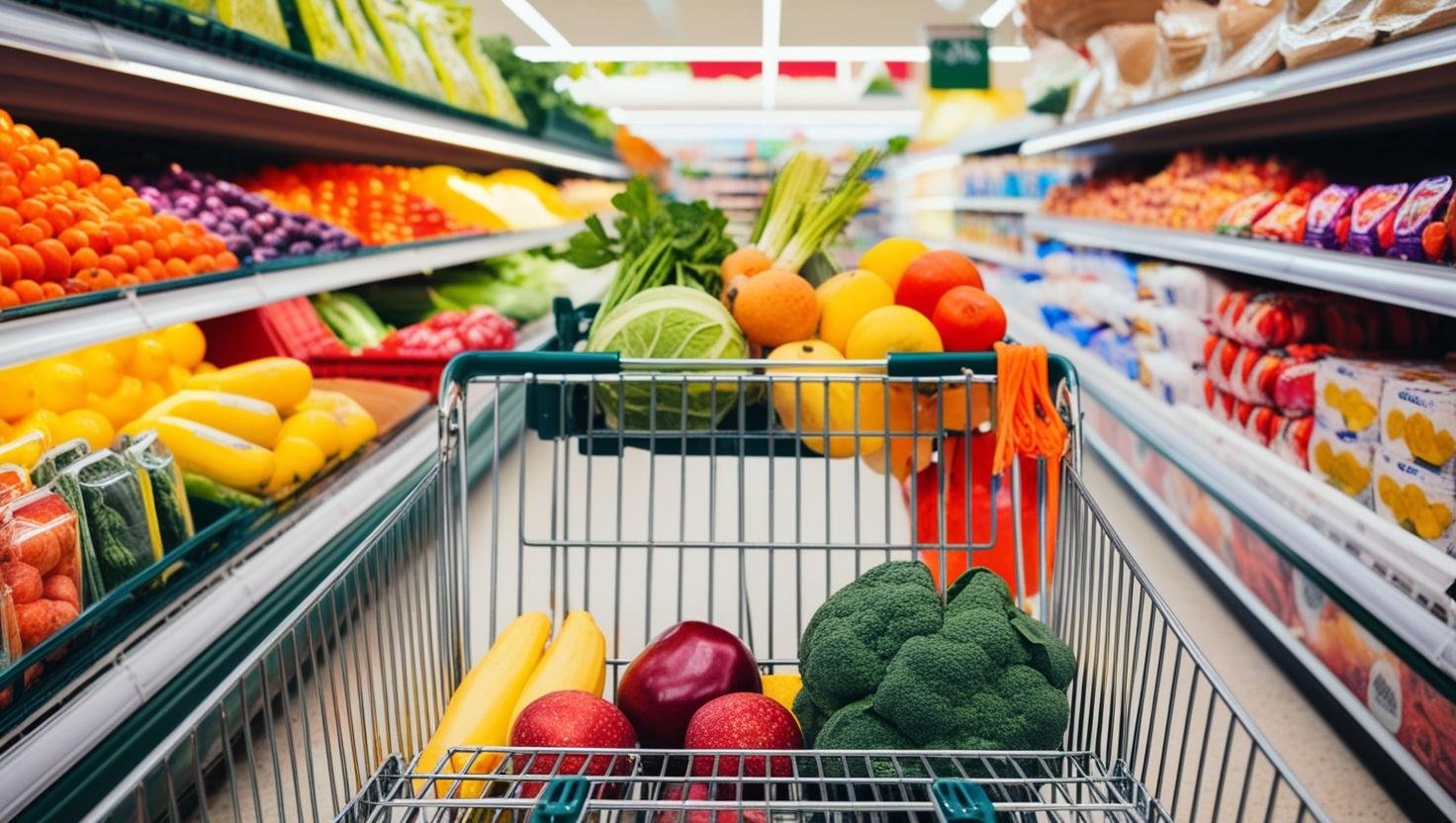 shopping at a food grocery, view from inside the shopping cart