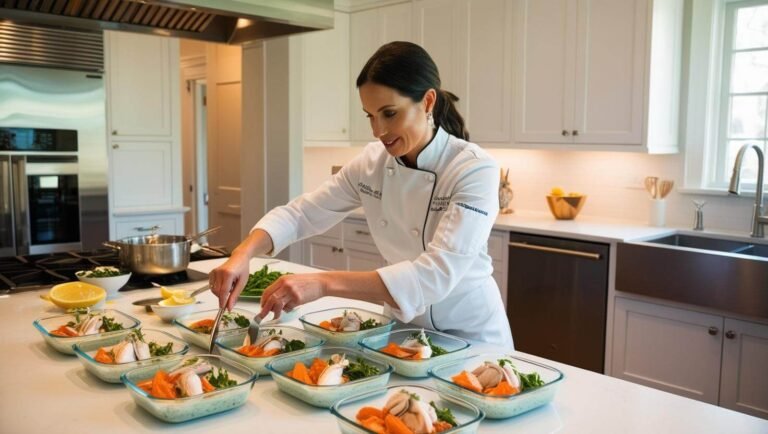 Lady Personal Chef in Boston Incorporate Fresh Seafood into Their Dishes lady Personal chef in a busy modern home kitchen portion controlled pyrex meals (1)