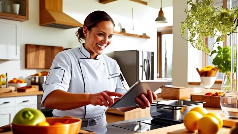 Personal chef in a busy home kitchen on the tablet (1)