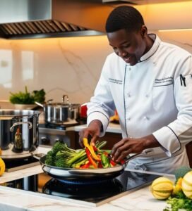A professional at her craft, reaching for spices to flavor her individually prepared, colorful meal portions.
