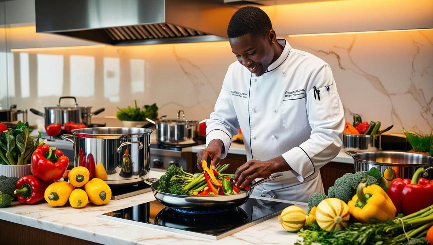 A professional at her craft, reaching for spices to flavor her individually prepared, colorful meal portions.