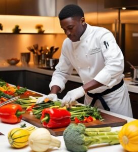 With careful deliberation, the chef plates bites of roasted vegetables onto ceramic containers.