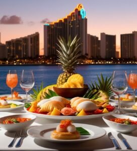 a table of fine dining food typical to Miami and a backdrop of the Miami skyline behind it