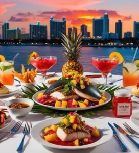 a table of fine dining food typical to Miami and a backdrop of the Miami skyline behind it (3)