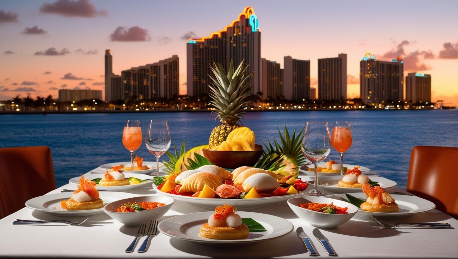 a table of fine dining food typical to Miami and a backdrop of the Miami skyline behind it