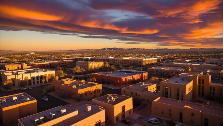 an engaging sunset aerial view of Albuquerque NM