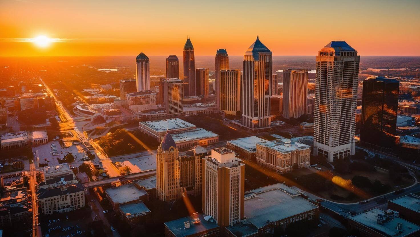 an engaging sunset aerial view of Atlanta GA