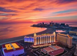 an engaging sunset aerial view of Atlantic City NJ