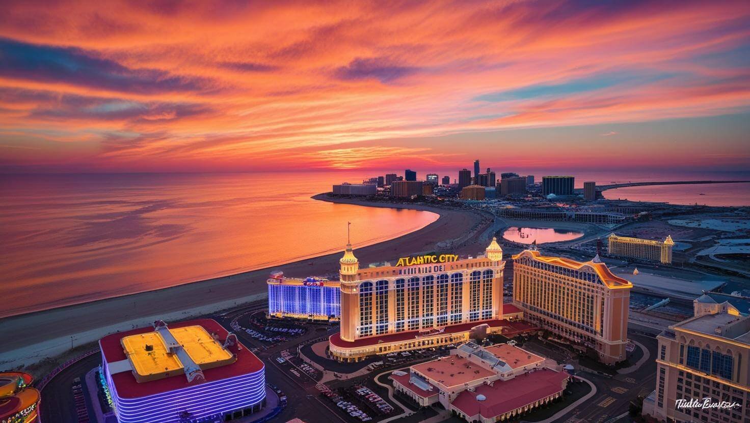 an engaging sunset aerial view of Atlantic City NJ