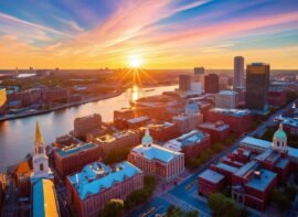 an engaging sunset aerial view of Boston MA