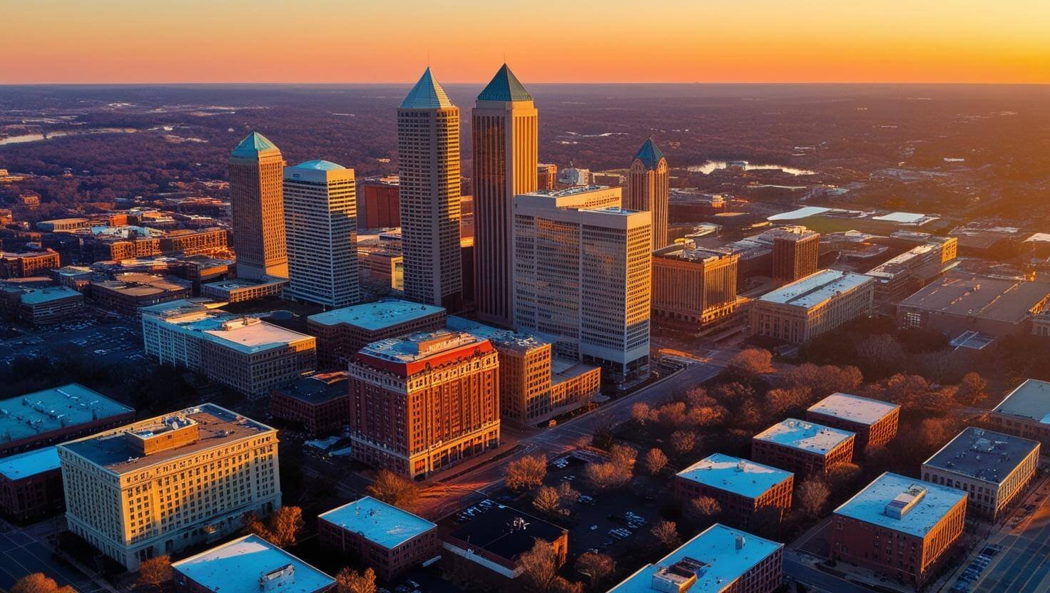 an engaging sunset aerial view of Charlotte NC