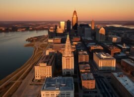 an engaging sunset aerial view of Cleveland OH