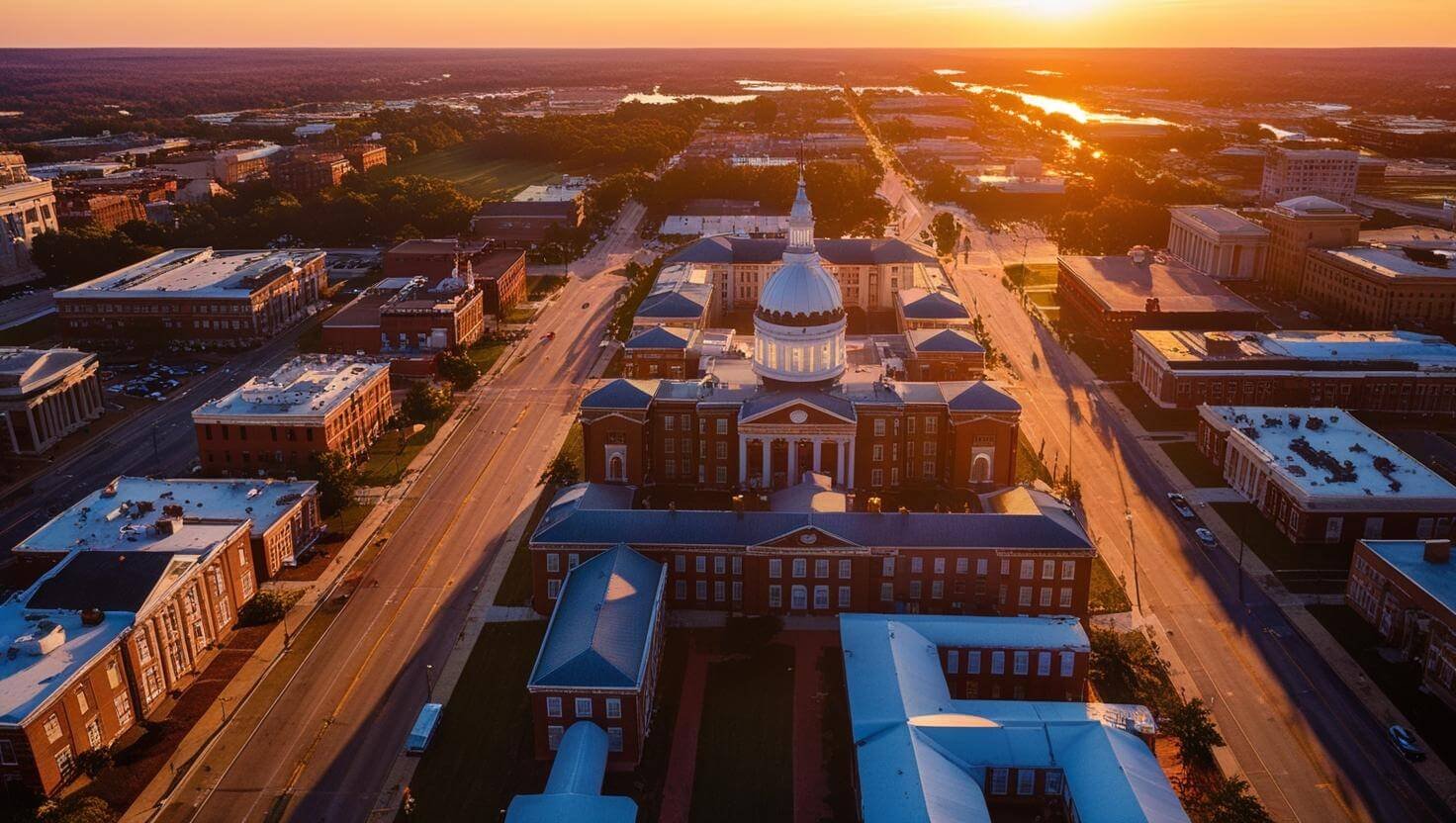 an engaging sunset aerial view of Columbus GA