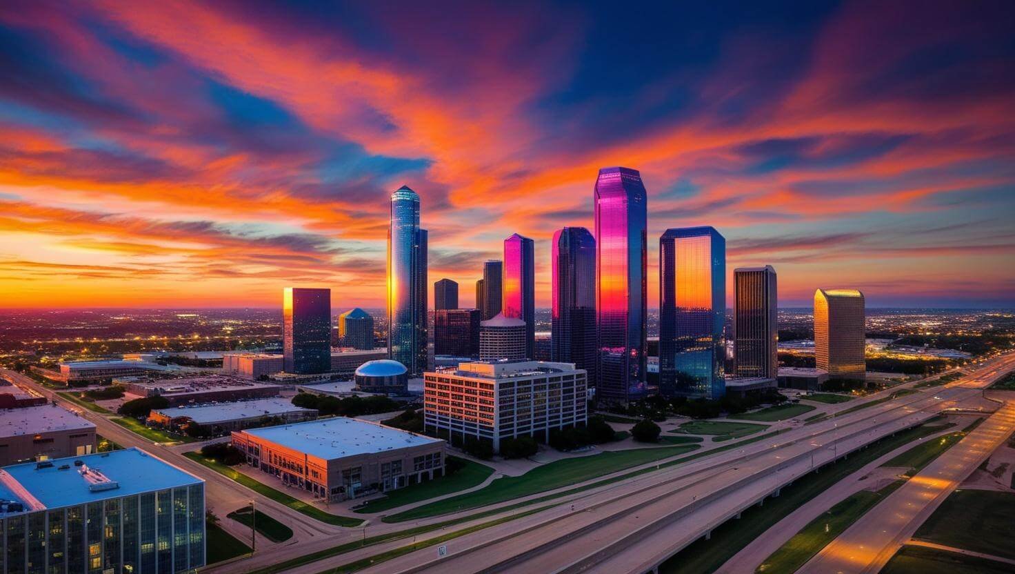 an engaging sunset aerial view of Dallas TX