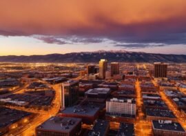 an engaging sunset aerial view of Denver CO