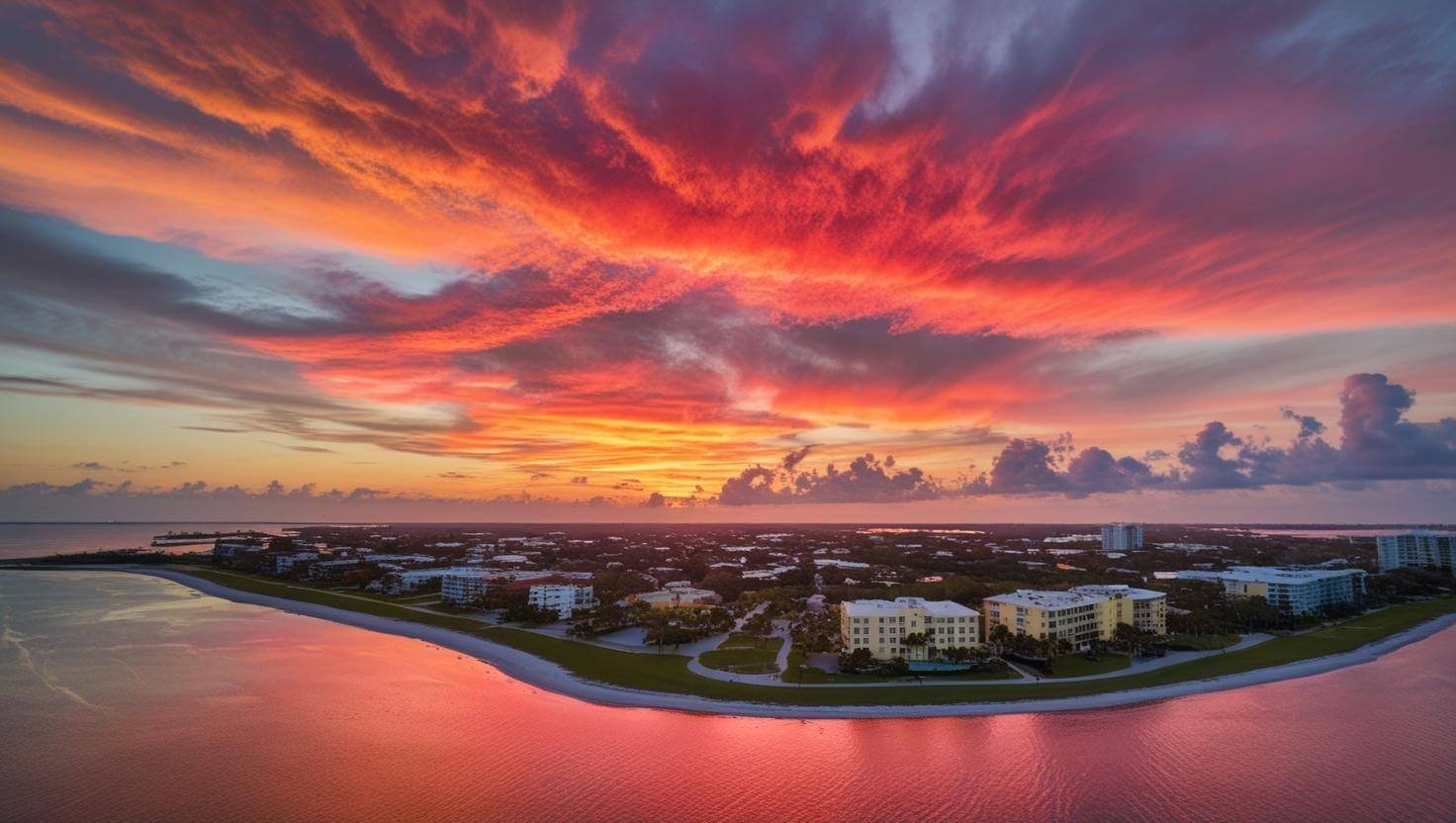 an engaging sunset aerial view of Ft Myers FL