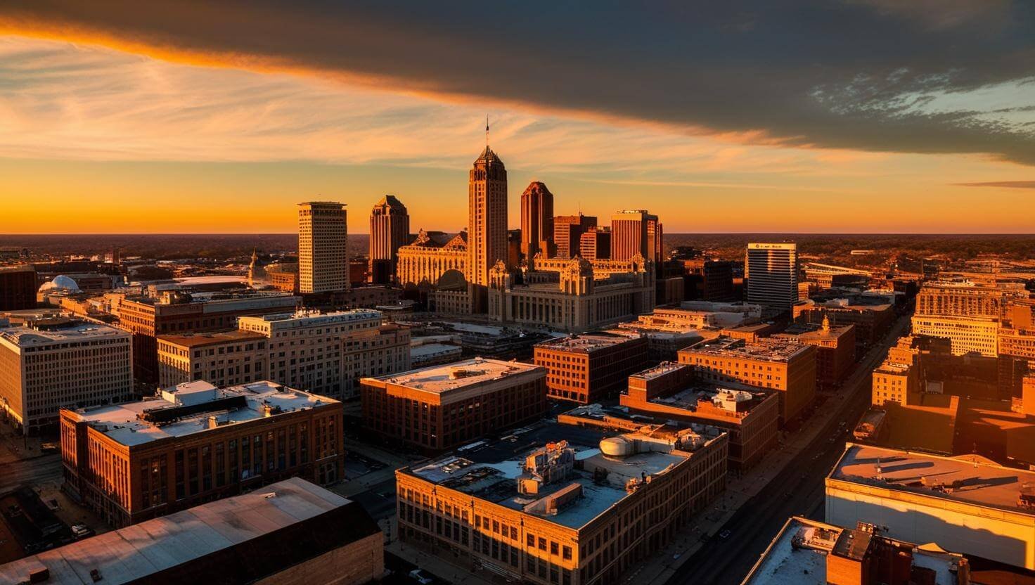 an engaging sunset aerial view of Indianapolis, IN (1)