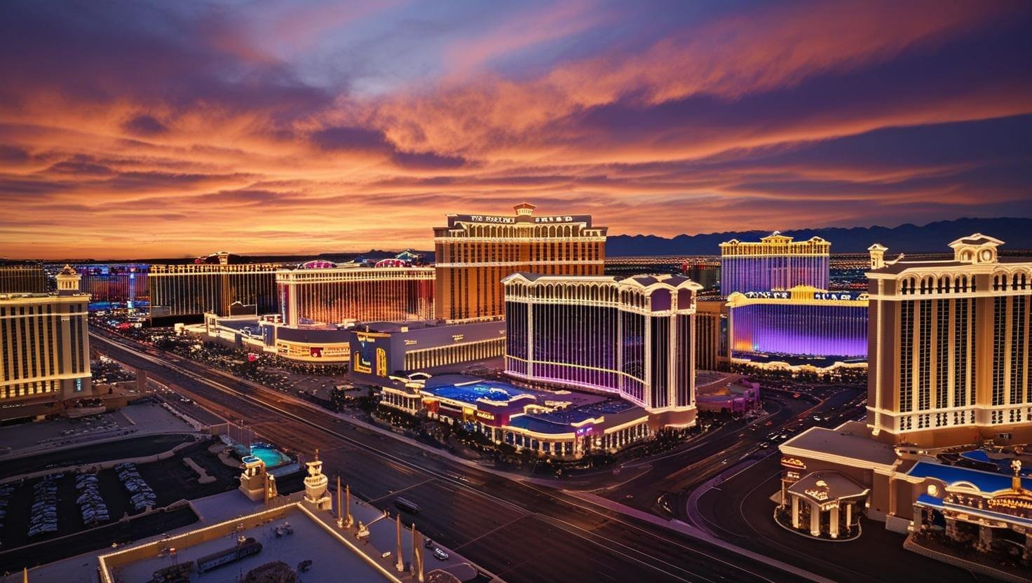 an engaging sunset aerial view of Las Vegas NV