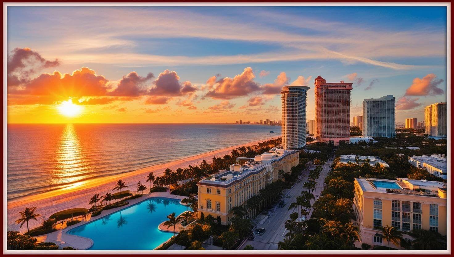 an engaging sunset aerial view of Miami FL