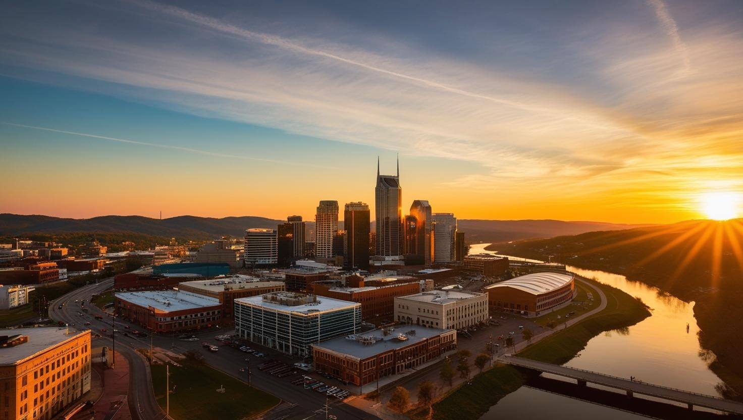 an engaging sunset aerial view of Nashville TN