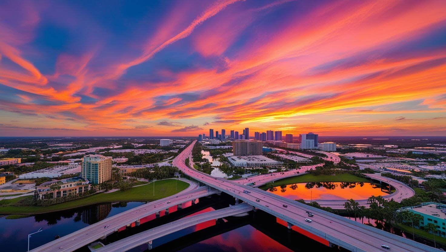 an engaging sunset aerial view of Orlando FL