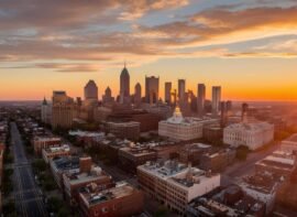 an engaging sunset aerial view of Philadelphia PA