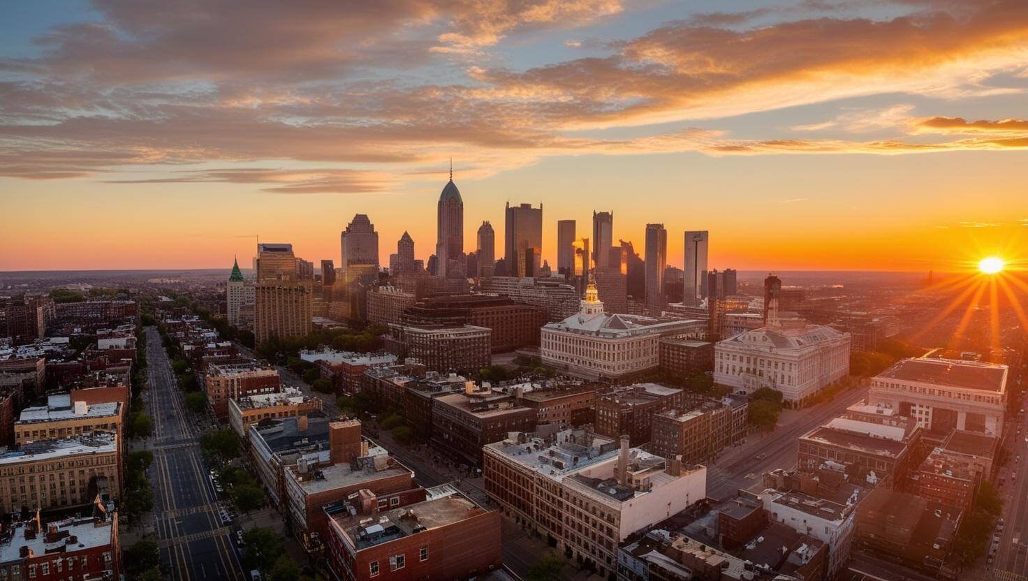 an engaging sunset aerial view of Philadelphia PA