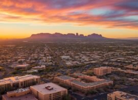 an engaging sunset aerial view of Phoenix AZ