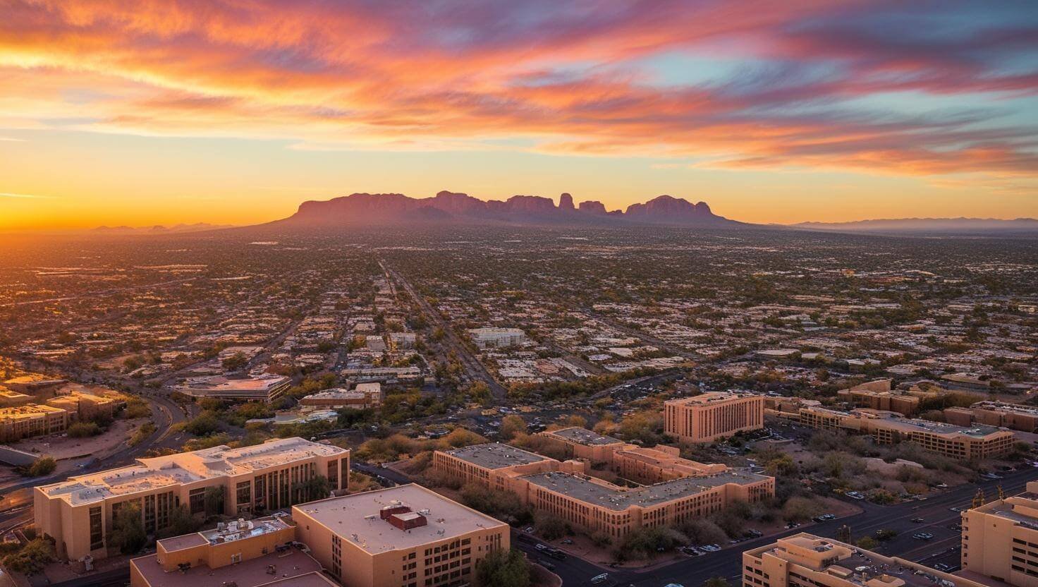 an engaging sunset aerial view of Phoenix AZ