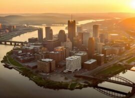 an engaging sunset aerial view of Pittsburgh PA