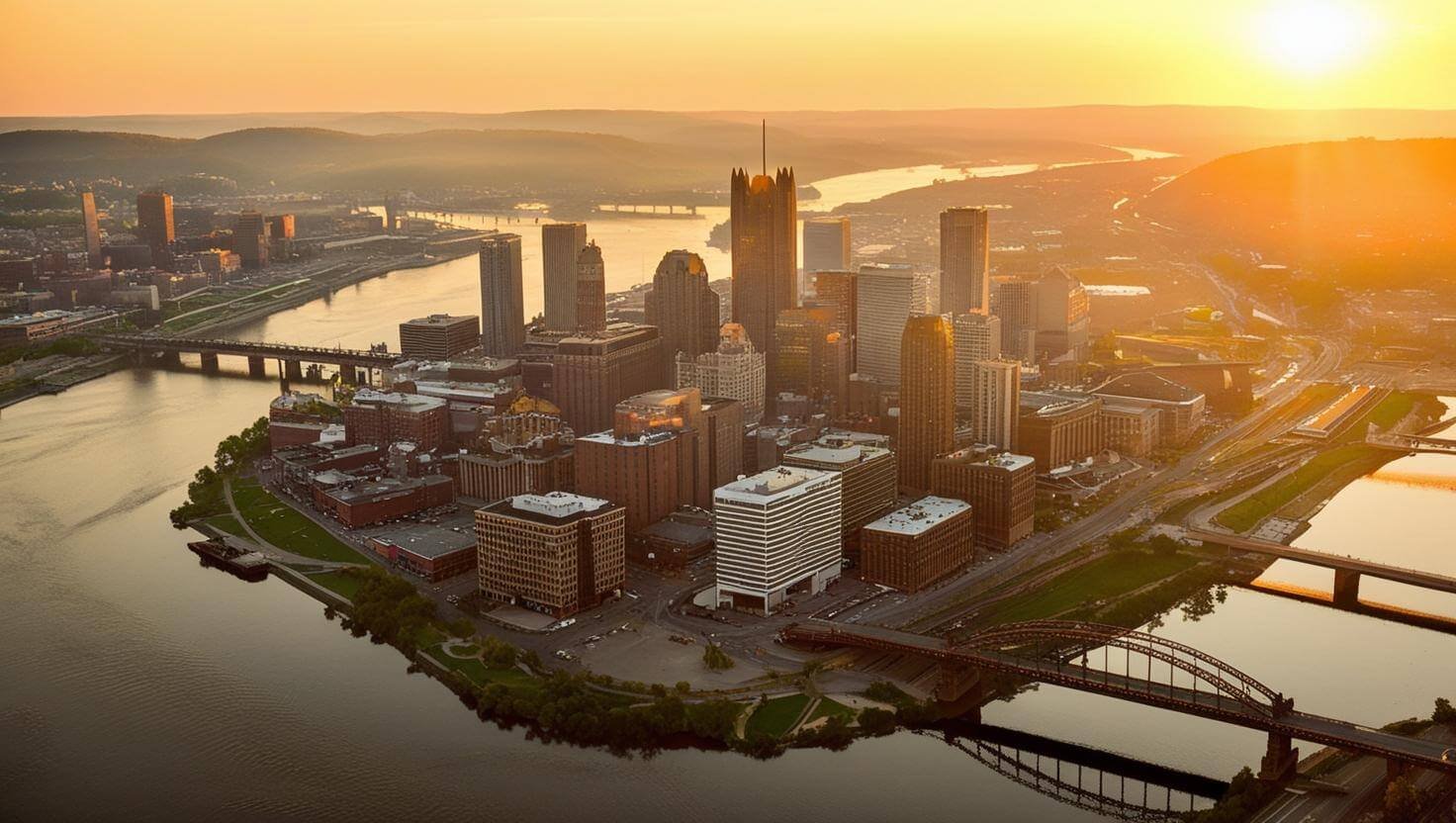 an engaging sunset aerial view of Pittsburgh PA