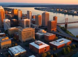 an engaging sunset aerial view of Portland OR